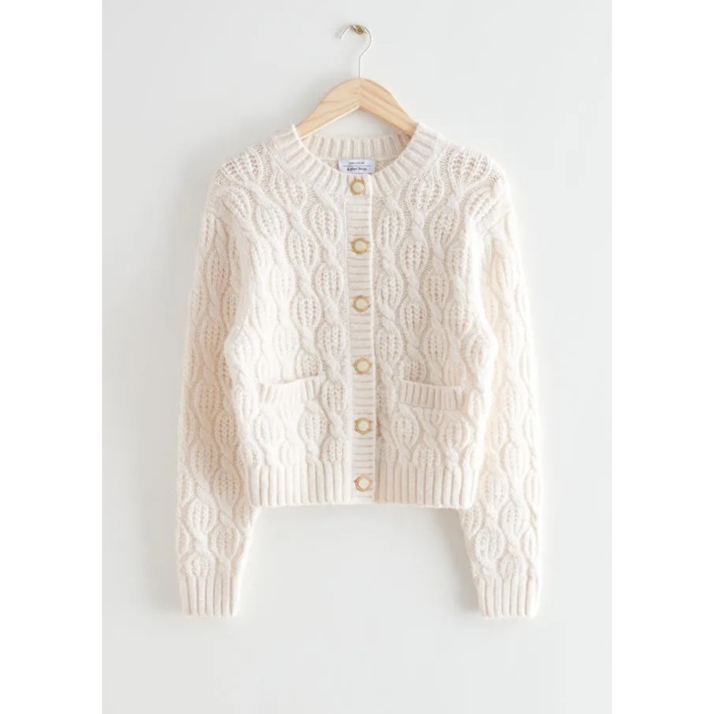 & Other Stories Cable Knit Wool Cardigan - Cream - L - Picture 2 of 6